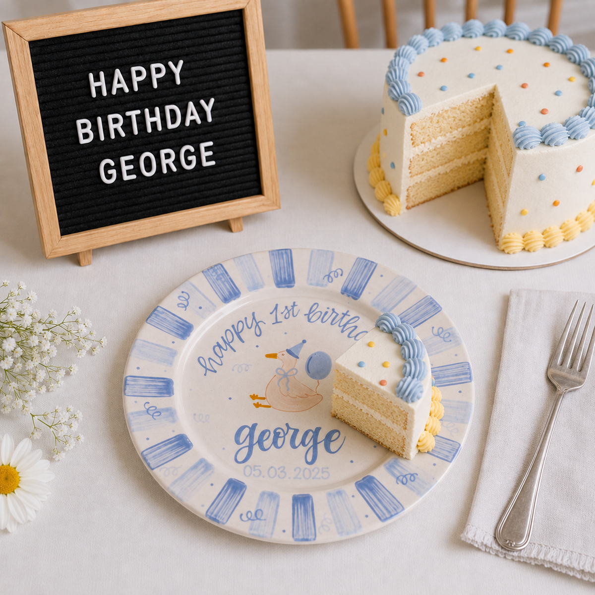 Personalized Goose 1st Birthday Plate, Custom Ceramic Birthday Dish, Blue Stripe Duck Plate, Boys Birthday Keepsake Keepsake | BGI017