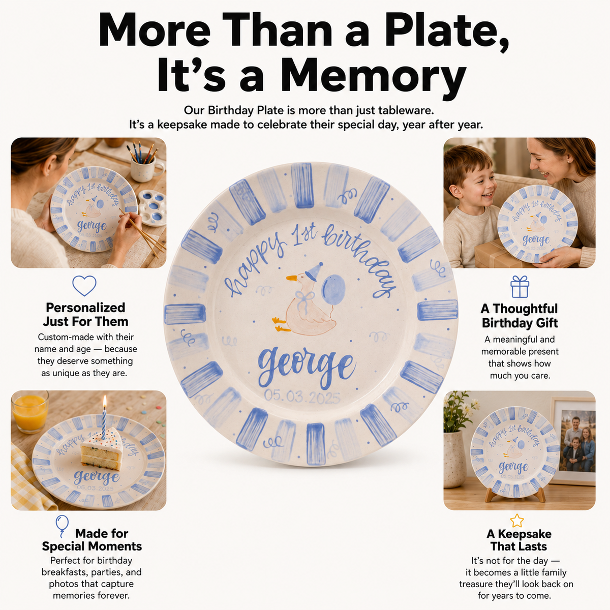 Personalized Goose 1st Birthday Plate, Custom Ceramic Birthday Dish, Blue Stripe Duck Plate, Boys Birthday Keepsake Keepsake | BGI017