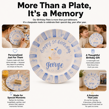 Personalized Goose 1st Birthday Plate, Custom Ceramic Birthday Dish, Blue Stripe Duck Plate, Boys Birthday Keepsake Keepsake | BGI017