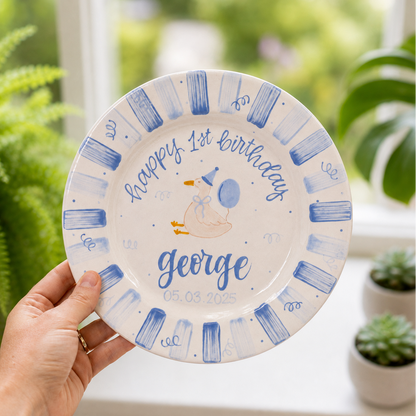 Personalized Goose 1st Birthday Plate, Custom Ceramic Birthday Dish, Blue Stripe Duck Plate, Boys Birthday Keepsake Keepsake | BGI017