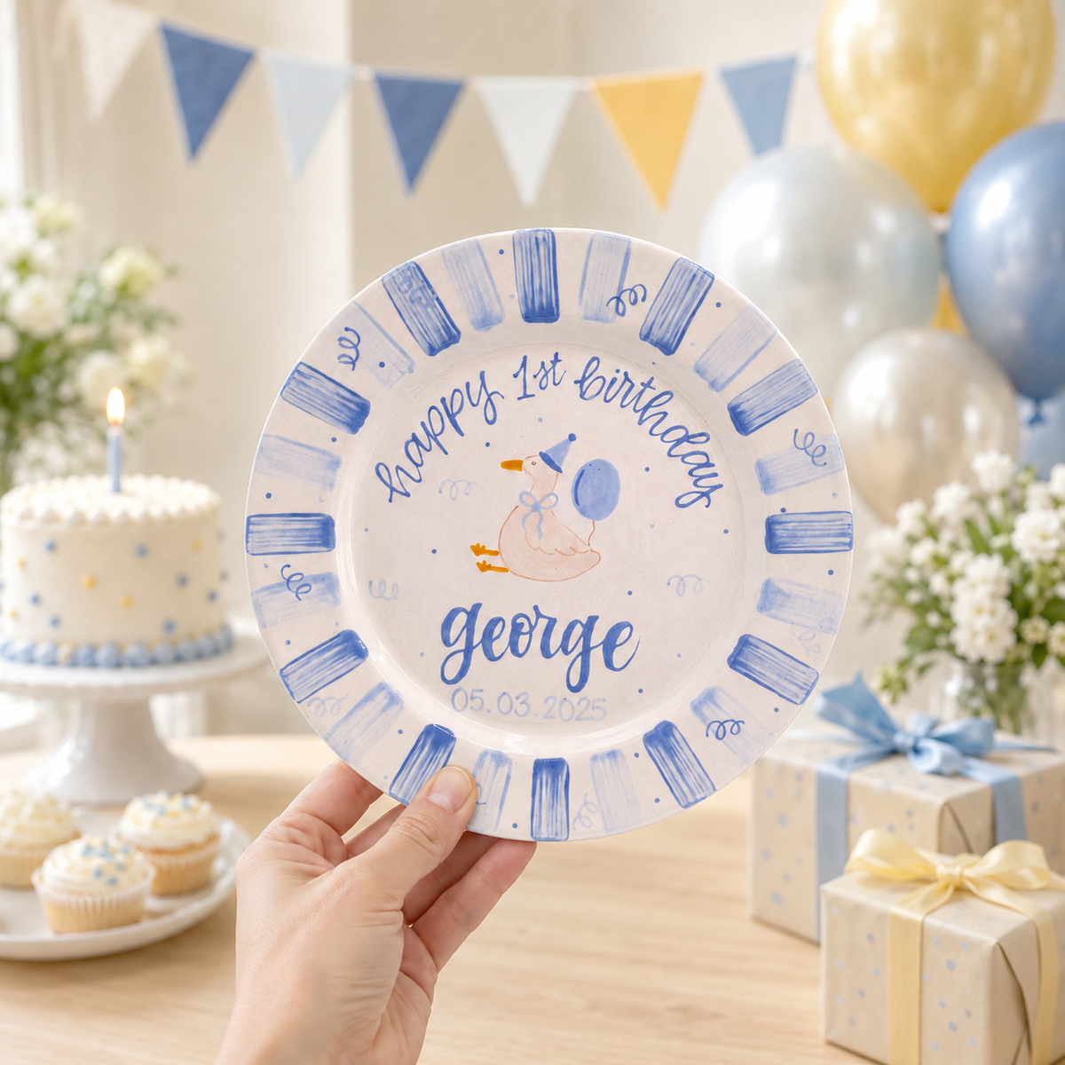 Personalized Goose 1st Birthday Plate, Custom Ceramic Birthday Dish, Blue Stripe Duck Plate, Boys Birthday Keepsake Keepsake | BGI017