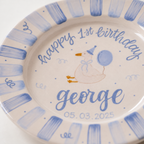 Custom Hand Painted Ceramic Birthday Plate, Blue Striped Goose Dish, Personalized Birthday Plate Date, First Birthday Gift Boy | BGI017