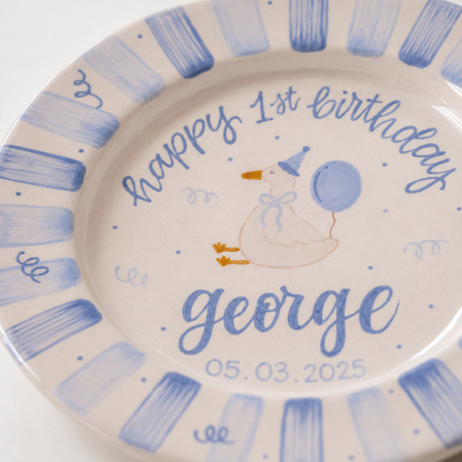 Personalized Goose 1st Birthday Plate, Custom Ceramic Birthday Dish, Blue Stripe Duck Plate, Boys Birthday Keepsake Keepsake | BGI017
