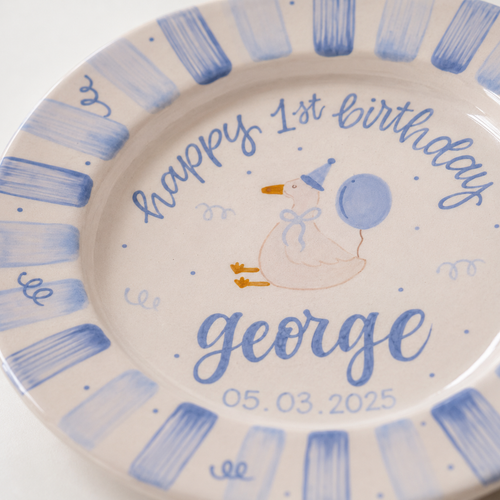 Custom Hand Painted Ceramic Birthday Plate, Blue Striped Goose Dish, Personalized Birthday Plate Date, First Birthday Gift Boy | BGI017