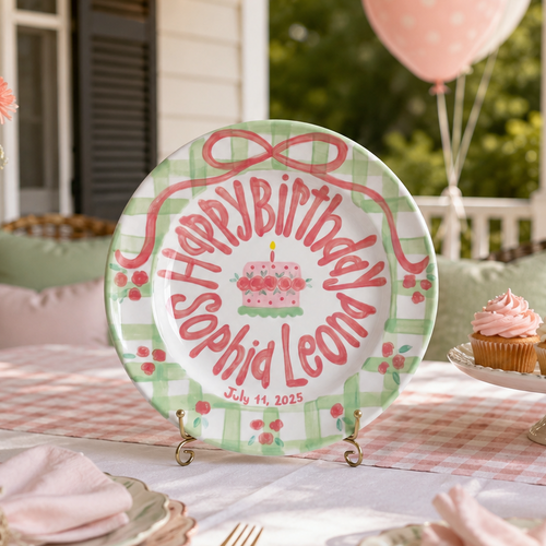 Custom Name Birthday Plate – Green Gingham Pink Bow & Rose Cake Design | B001