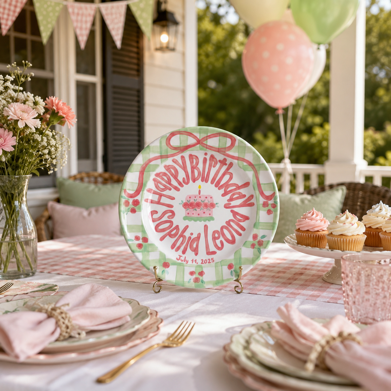 Personalized Birthday Plate – Green Gingham Bow & Rose Cake Design | B001