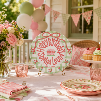Custom Name Birthday Plate – Green Gingham Pink Bow & Rose Cake Design | B001