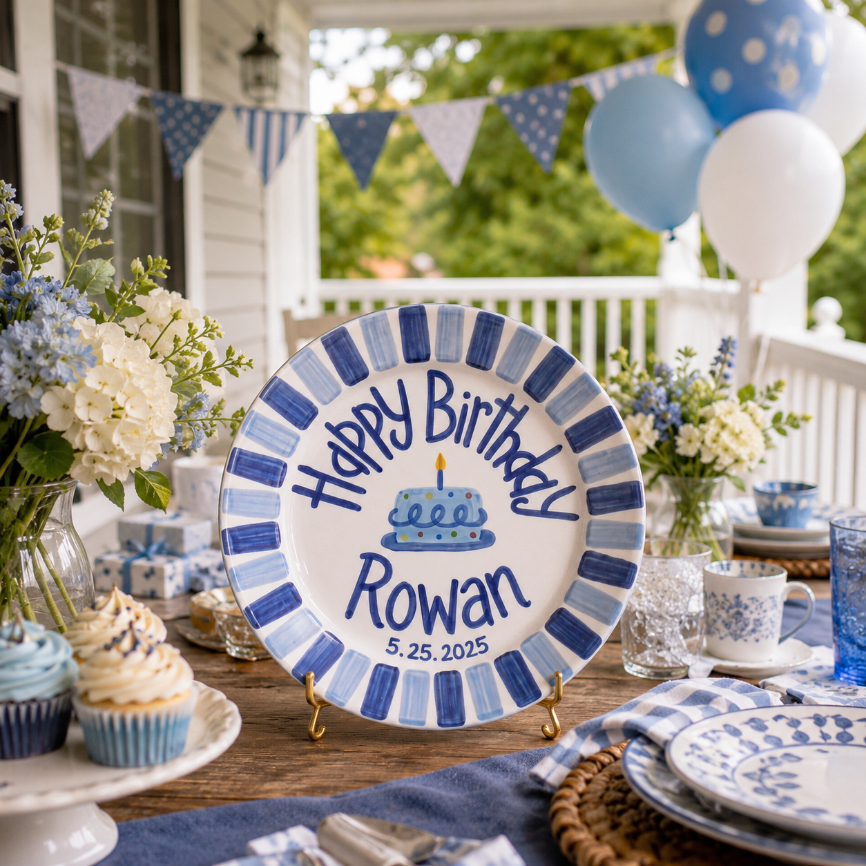 Custom Name Birthday Plate – Blue Stripe Border & Birthday Cake Design | B017