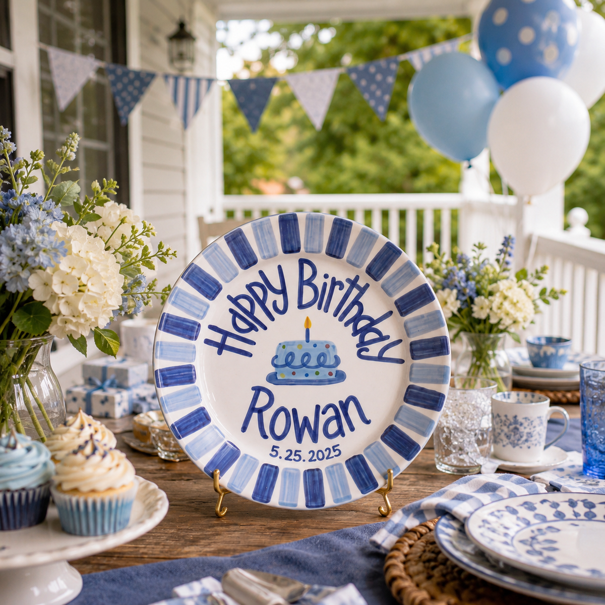 Custom Name Birthday Plate – Blue Stripe Border & Birthday Cake Design | B017