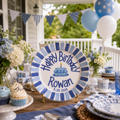 Custom Name Birthday Plate – Blue Stripe Border & Birthday Cake Design | B017