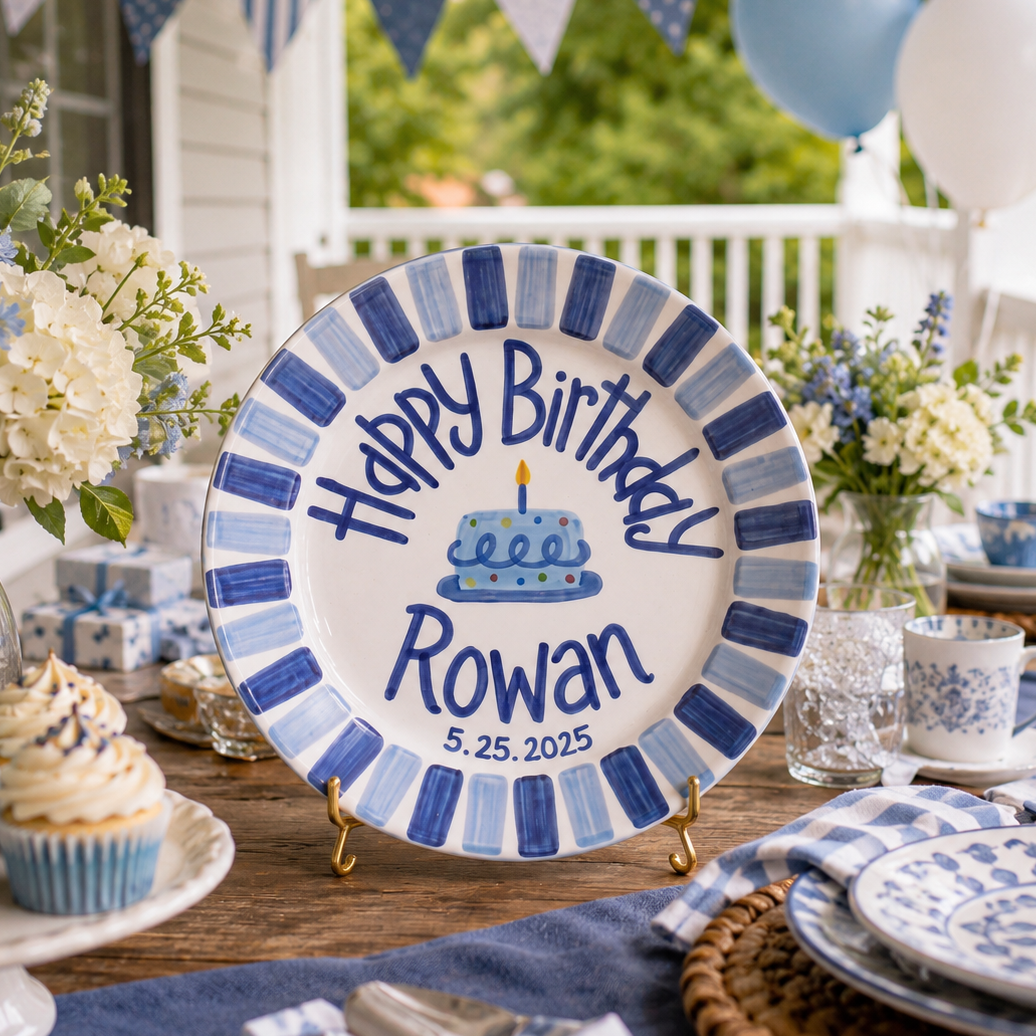 Custom Name Birthday Plate – Blue Stripe Border & Birthday Cake Design | B017