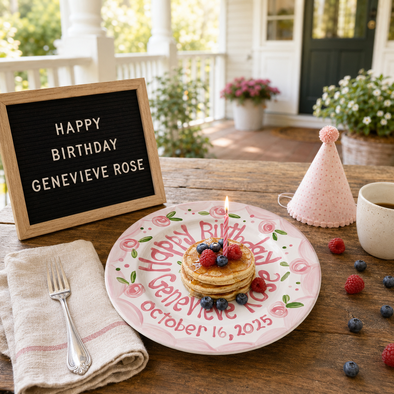 Personalized Birthday Plate – Pink Scalloped Rose Border & Cake Design | BHL011