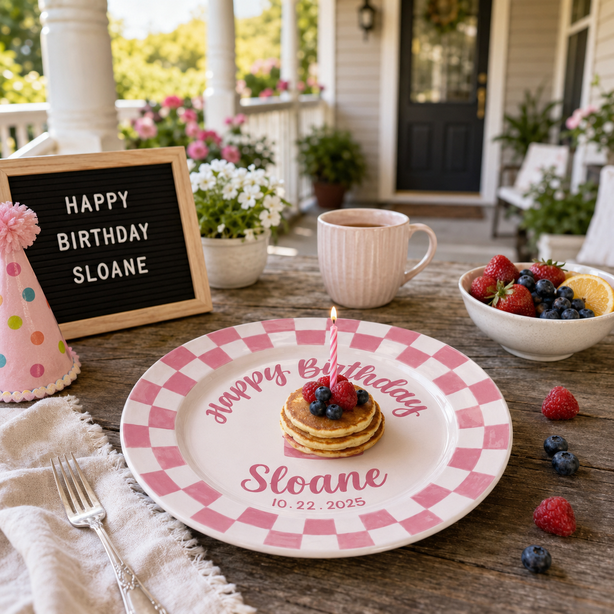 Personalized Birthday Plate – Custom Name with Pink Checkered Rim & Cake Design – Birthday Gift | BGI003