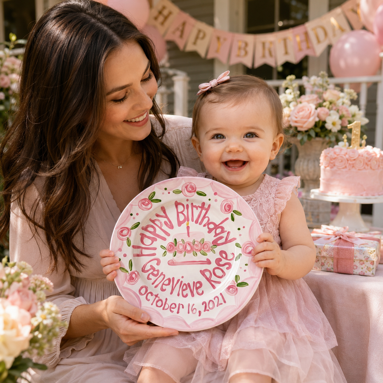 Personalized Birthday Plate – Pink Scalloped Rose Border & Cake Design | BHL011