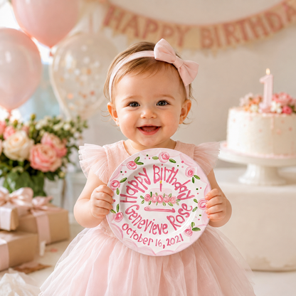 Personalized Birthday Plate – Pink Scalloped Rose Border & Cake Design | BHL011