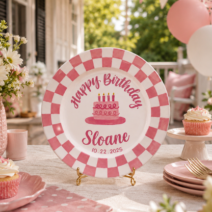 Personalized Birthday Plate – Custom Name with Pink Checkered Rim & Cake Design – Birthday Gift | BGI003