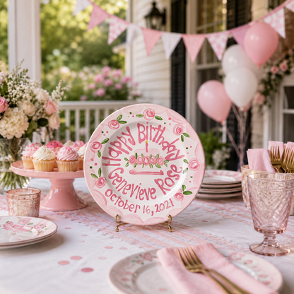 Personalized Birthday Plate – Pink Scalloped Rose Border & Cake Design | BHL011