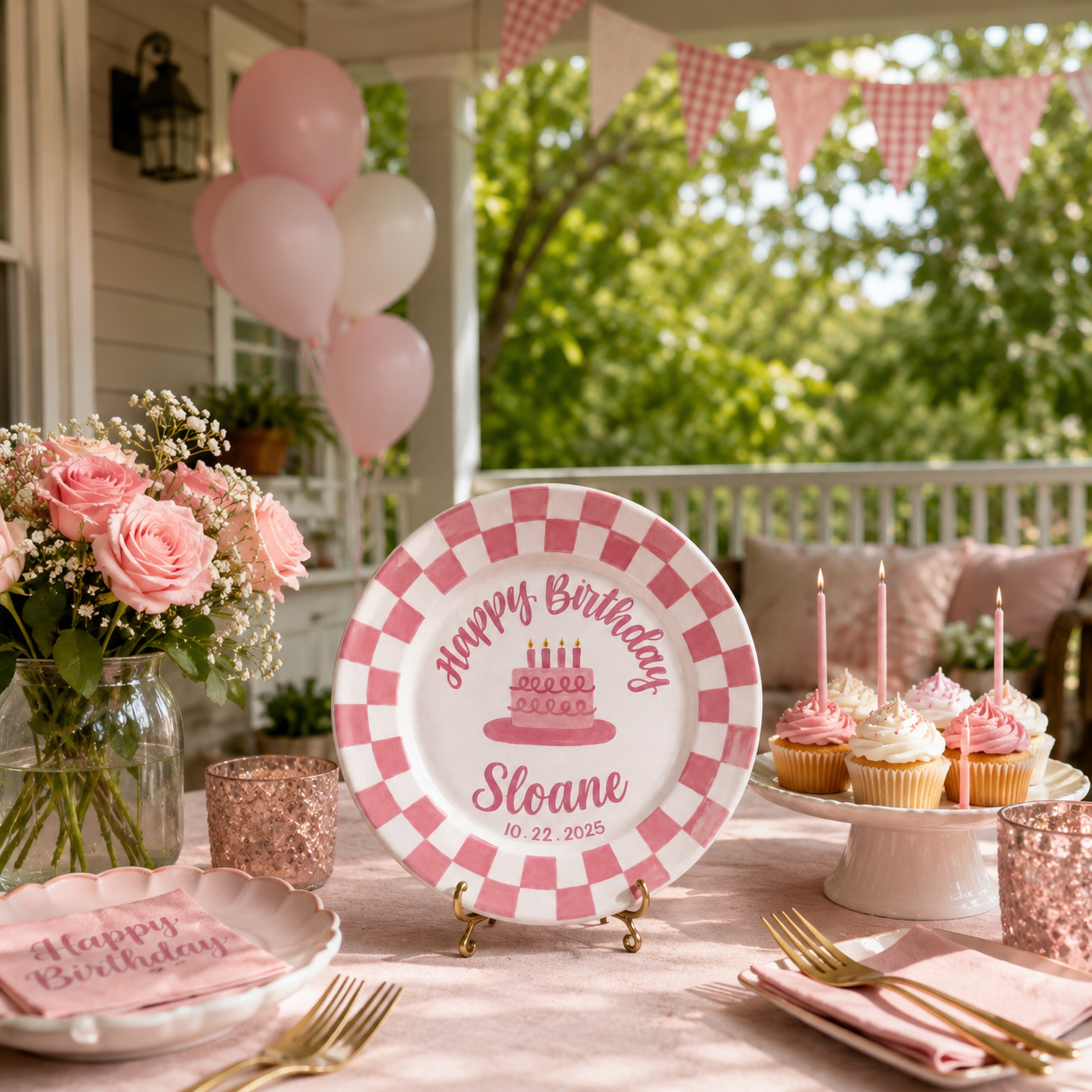 Personalized Birthday Plate – Custom Name with Pink Checkered Rim & Cake Design – Birthday Gift | BGI003