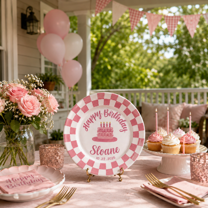 Personalized Birthday Plate – Custom Name with Pink Checkered Rim & Cake Design – Birthday Gift | BGI003