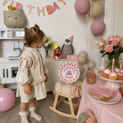 Personalized Birthday Plate – Custom Name with Pink Checkered Rim & Cake Design – Birthday Gift | BGI003