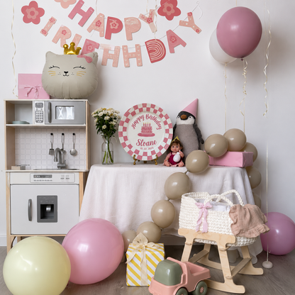 Personalized Birthday Plate – Custom Name with Pink Checkered Rim & Cake Design – Birthday Gift | BGI003