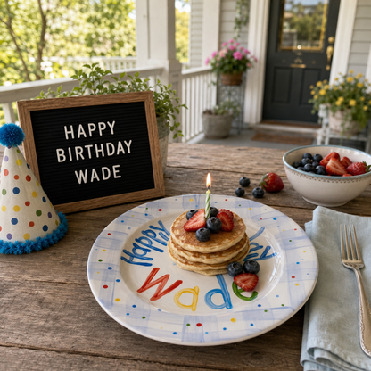 Personalized Birthday Plate – Blue Plaid Border, Colorful Polka Dots & Birthday Candles Design | BHL015