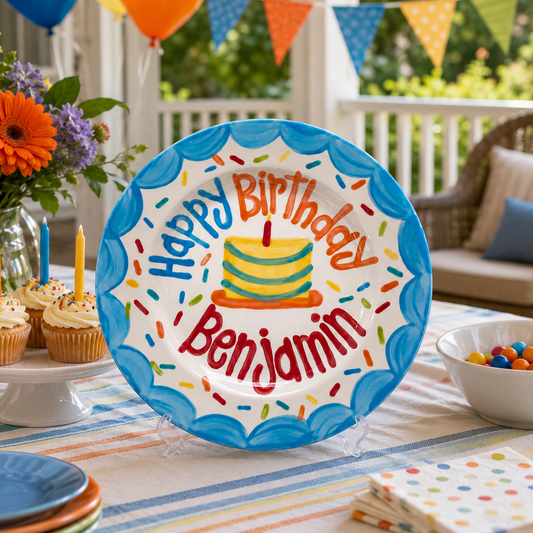 Custom Name Birthday Plate – Blue Scalloped Sprinkle Cake Design | BHL017