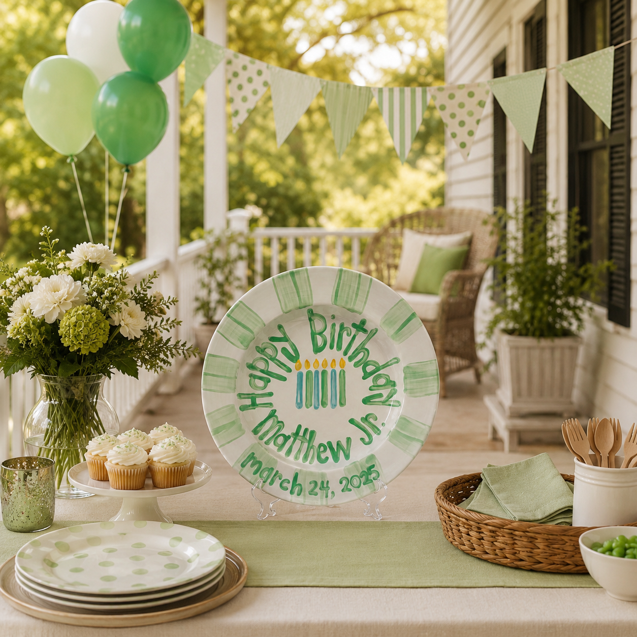 Custom Name Birthday Plate – Green Checkered Candle Design | BHL020