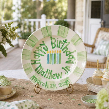 Custom Name Birthday Plate – Green Checkered Candle Design | BHL020