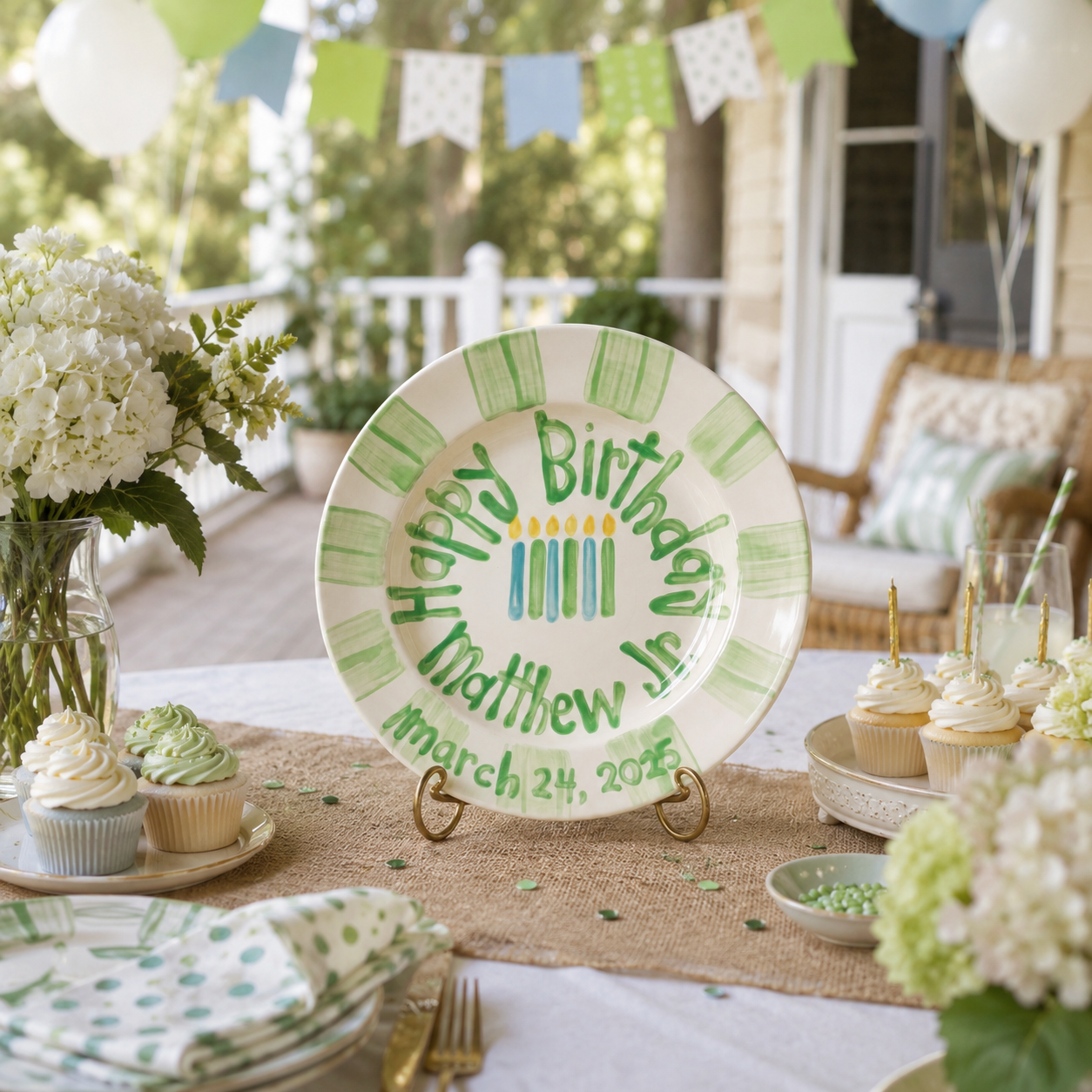 Personalized Birthday Plate – Green Striped Border & Birthday Candles Design | BHL020