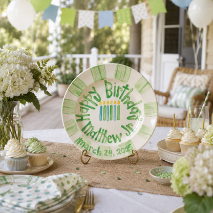 Personalized Birthday Plate – Green Striped Border & Birthday Candles Design | BHL020