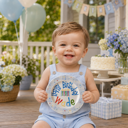 Personalized Birthday Plate – Blue Plaid Border, Colorful Polka Dots & Birthday Candles Design | BHL015