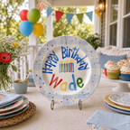 Custom Name Birthday Plate – Blue Checkered Border & Candle Design | BHL015
