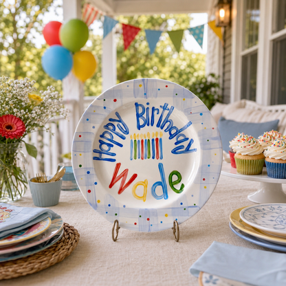 Personalized Birthday Plate – Blue Plaid Border, Colorful Polka Dots & Birthday Candles Design | BHL015