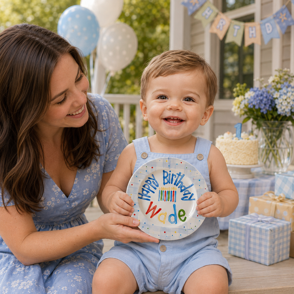 Personalized Birthday Plate – Blue Plaid Border, Colorful Polka Dots & Birthday Candles Design | BHL015