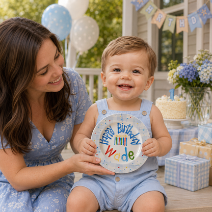 Personalized Birthday Plate – Blue Plaid Border, Colorful Polka Dots & Birthday Candles Design | BHL015
