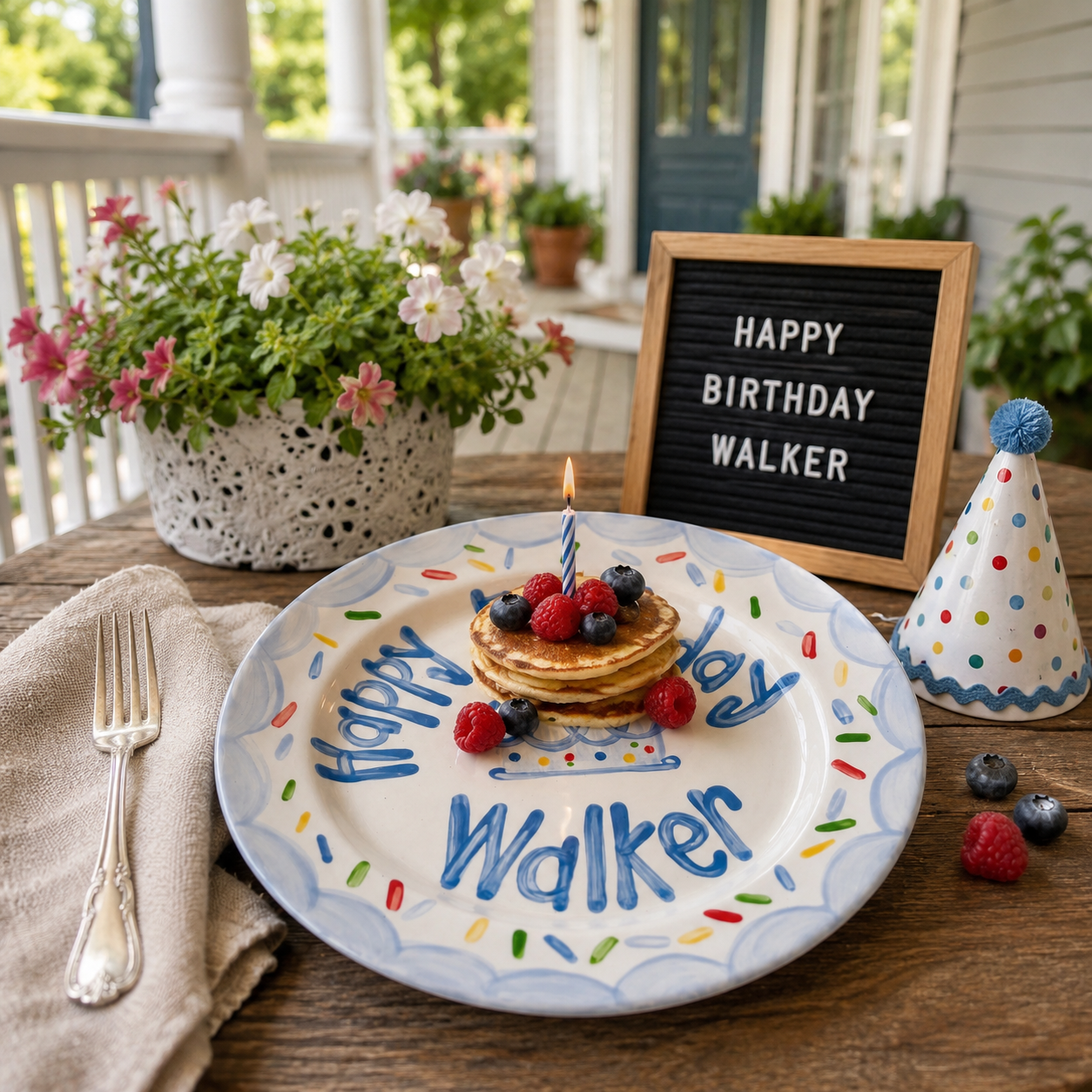 Personalized Birthday Plate – Blue Scalloped Border, Colorful Sprinkles & Blue Cake Design | BHL014