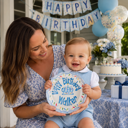 Personalized Birthday Plate – Blue Scalloped Border, Colorful Sprinkles & Blue Cake Design | BHL014