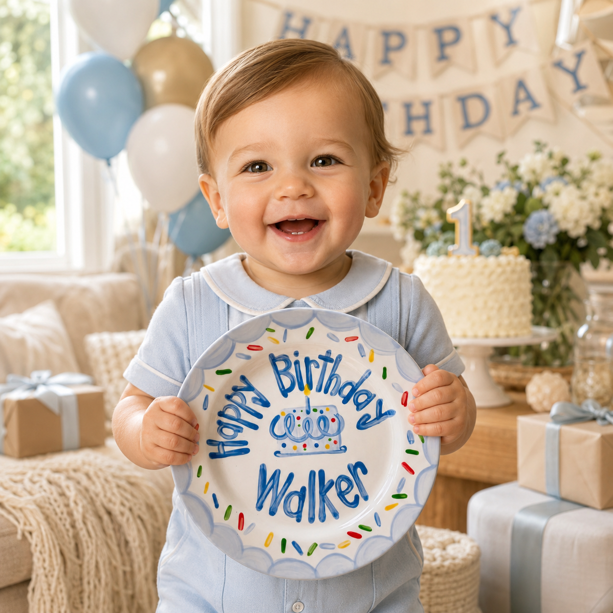 Personalized Birthday Plate – Blue Scalloped Border, Colorful Sprinkles & Blue Cake Design | BHL014