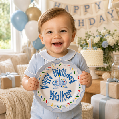 Personalized Birthday Plate – Blue Scalloped Border, Colorful Sprinkles & Blue Cake Design | BHL014