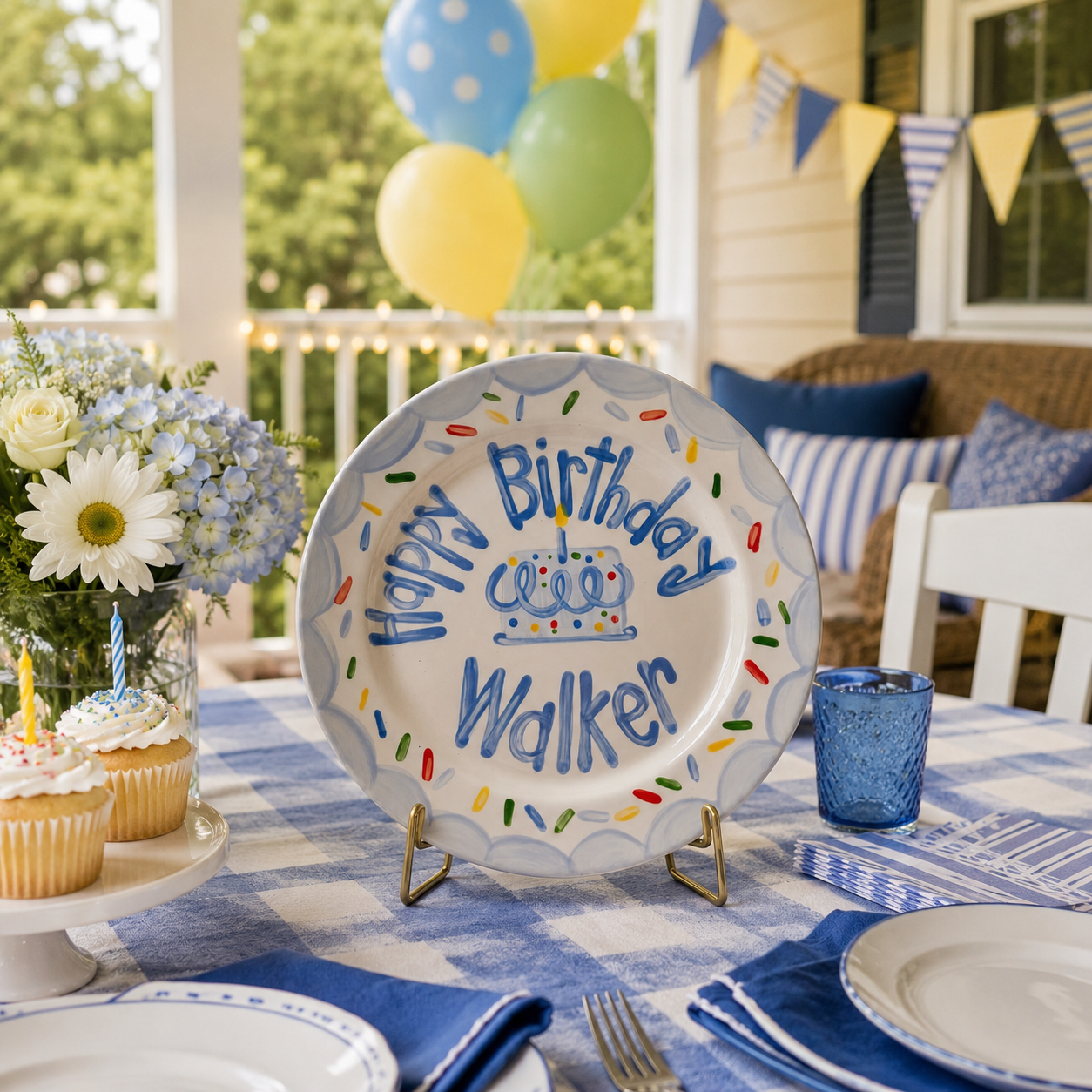 Personalized Birthday Plate – Blue Scalloped Border, Colorful Sprinkles & Blue Cake Design | BHL014
