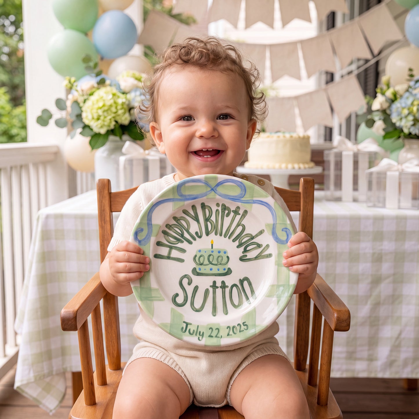 Personalized Birthday Plate – Green Gingham Bow & Polka Dot Cake Design | B085