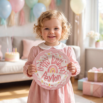 Personalized Birthday Plate – Pink Scalloped Border, Rainbow Heart & Sprinkles Design | BHL016
