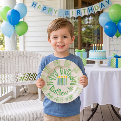 Personalized Birthday Plate – Green Striped Border & Birthday Candles Design | BHL020