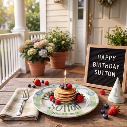 Personalized Birthday Plate – Green Gingham Bow & Polka Dot Cake Design | B085