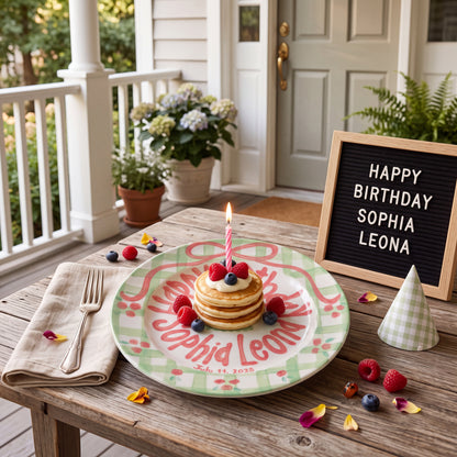 Custom Name Birthday Plate – Green Gingham Pink Bow & Rose Cake Design | B001