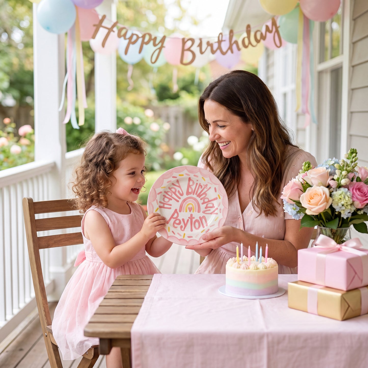Personalized Birthday Plate – Pink Scalloped Border, Rainbow Heart & Sprinkles Design | BHL016