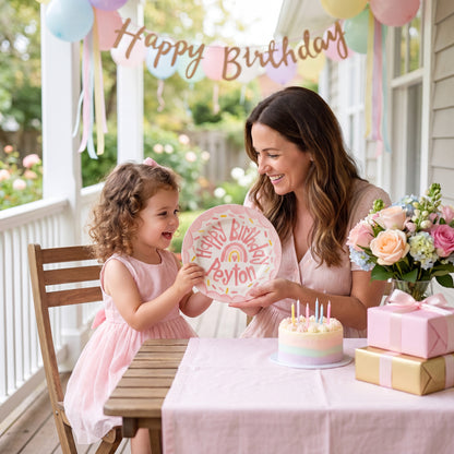 Personalized Birthday Plate – Pink Scalloped Border, Rainbow Heart & Sprinkles Design | BHL016