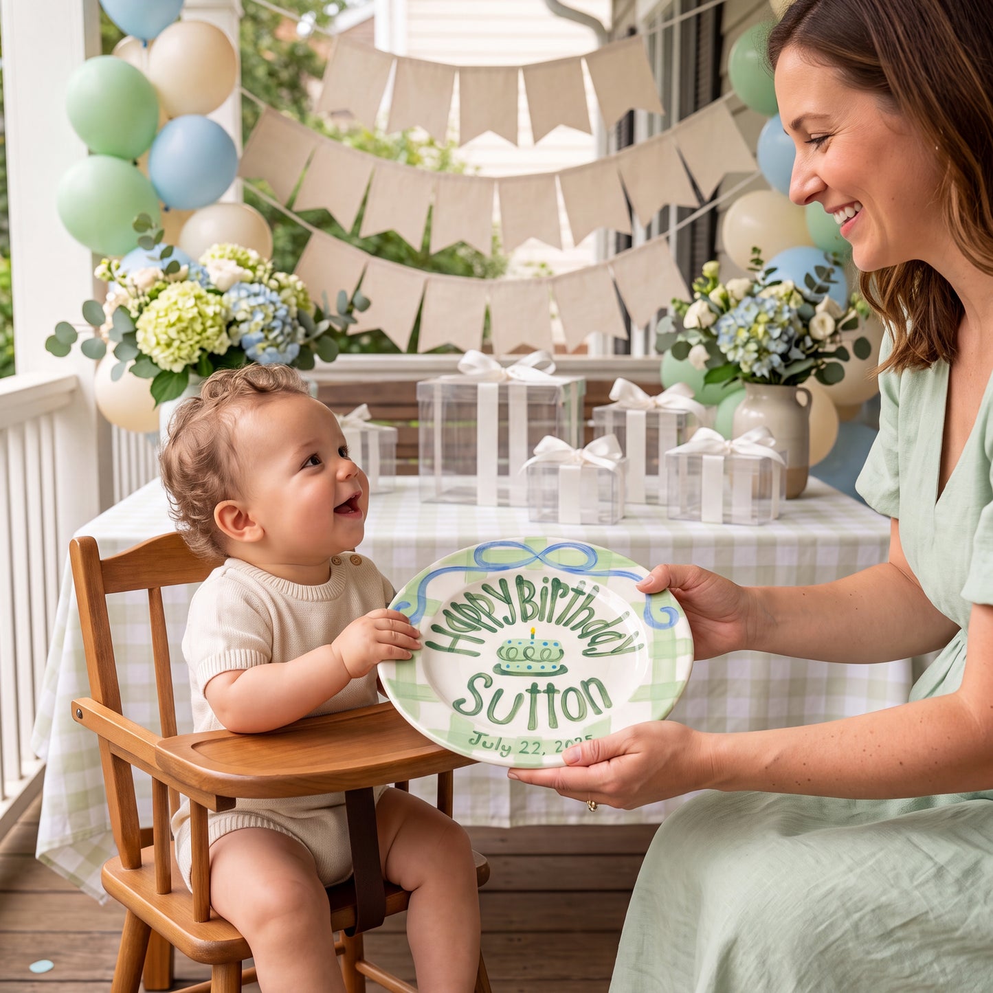 Personalized Birthday Plate – Green Gingham Bow & Polka Dot Cake Design | B085