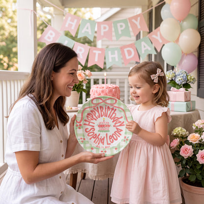 Personalized Birthday Plate – Green Gingham Bow & Rose Cake Design | B001